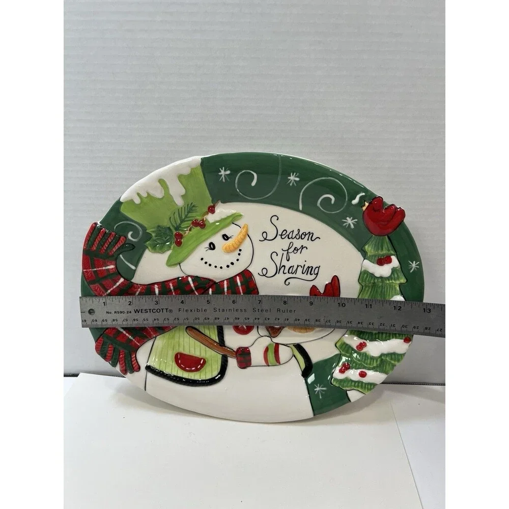FITZ & FOYD Platter Holly Hat Snowman Christmas Wishes Embossed Cookie Tray